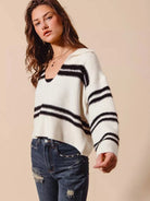 So Me Shadow Sugar Fuzzy Striped Deep U Neck Sweater-Women's Shirts & Tops-Shop Z & Joxa
