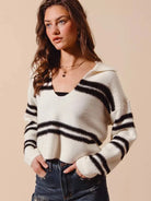 So Me Shadow Sugar Fuzzy Striped Deep U Neck Sweater-Women's Shirts & Tops-Shop Z & Joxa