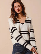 So Me Shadow Sugar Fuzzy Striped Deep U Neck Sweater-Women's Shirts & Tops-Shop Z & Joxa