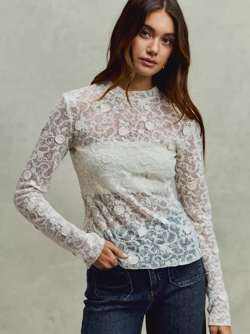 So Me Sheer Floral White Lace Long Sleeve Layering Top-Women's Shirts & Tops-Shop Z & Joxa