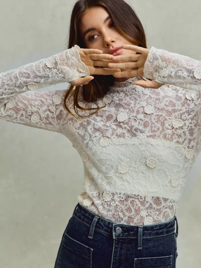 So Me Sheer Floral White Lace Long Sleeve Layering Top-Women's Shirts & Tops-Shop Z & Joxa