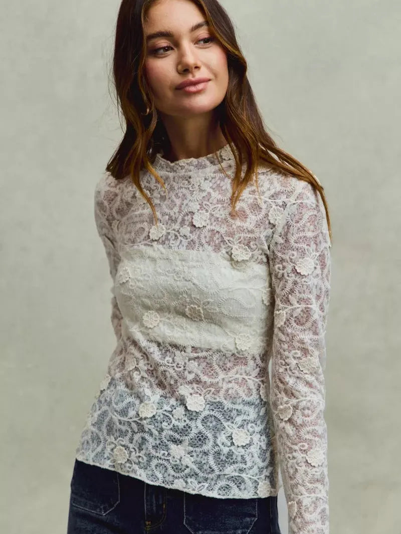 So Me Sheer Floral White Lace Long Sleeve Layering Top-Women's Shirts & Tops-Shop Z & Joxa