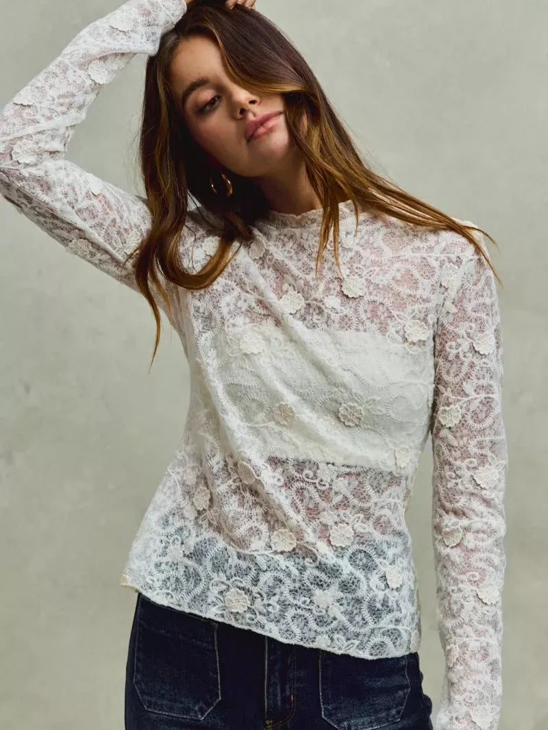 So Me Sheer Floral White Lace Long Sleeve Layering Top-Women's Shirts & Tops-Shop Z & Joxa