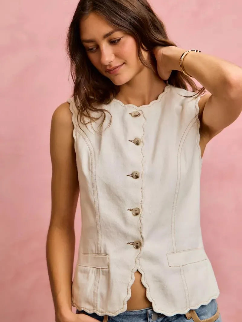 So Me Simply Scalloped Cotton Twill Washed Vest Top-vest-Shop Z & Joxa