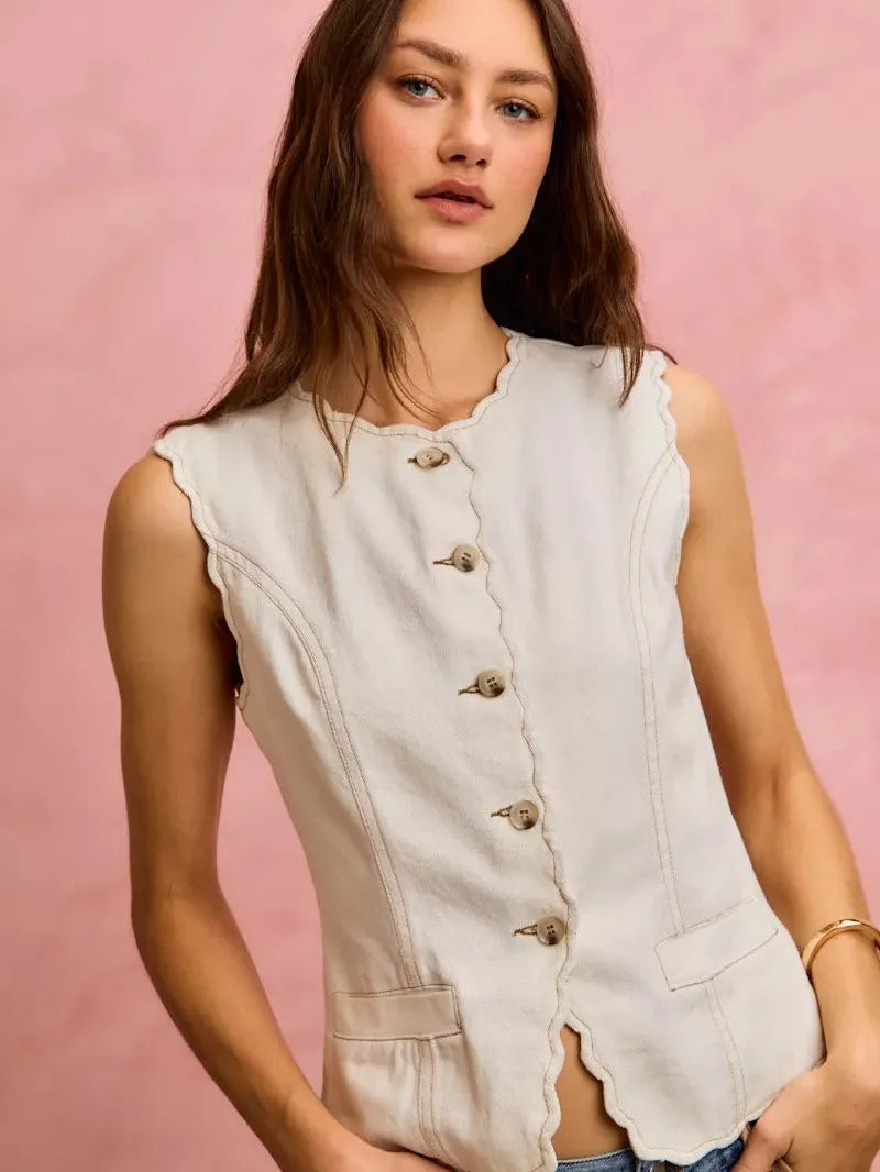 So Me Simply Scalloped Cotton Twill Washed Vest Top-vest-Shop Z & Joxa
