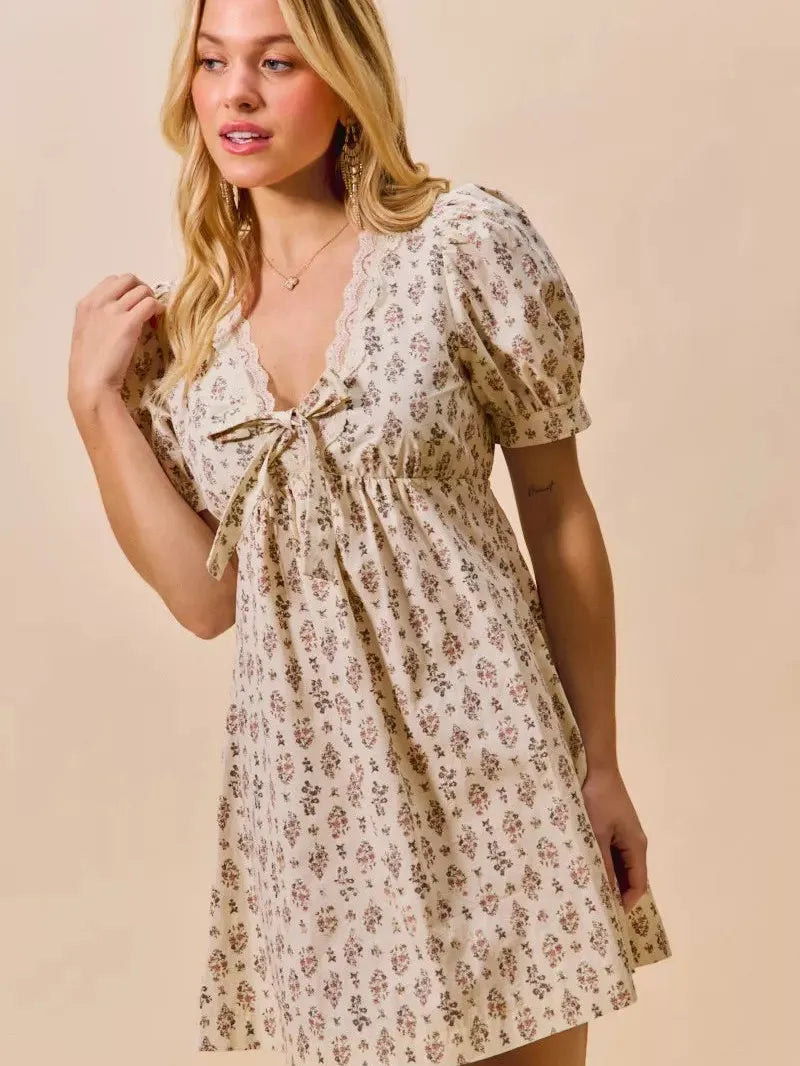 So Me Softly Ever After Floral Print Lace Mini Dress with Bow-Women's Dresses-Shop Z & Joxa