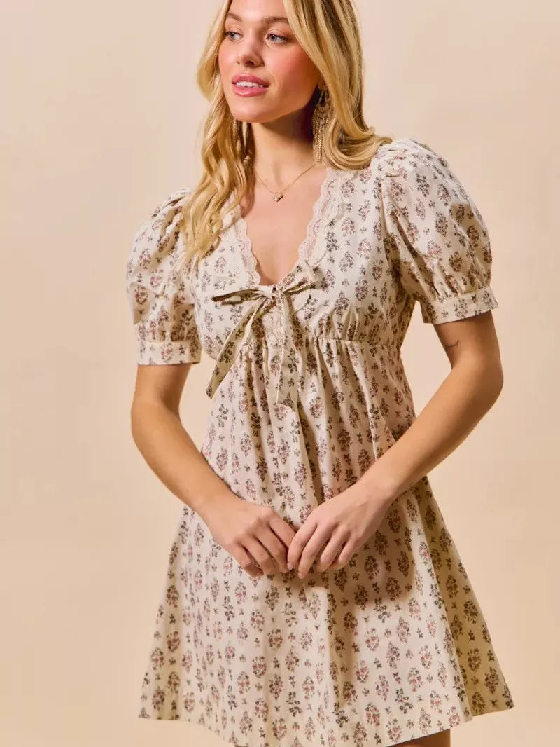 So Me Softly Ever After Floral Print Lace Mini Dress with Bow-Women's Dresses-Shop Z & Joxa