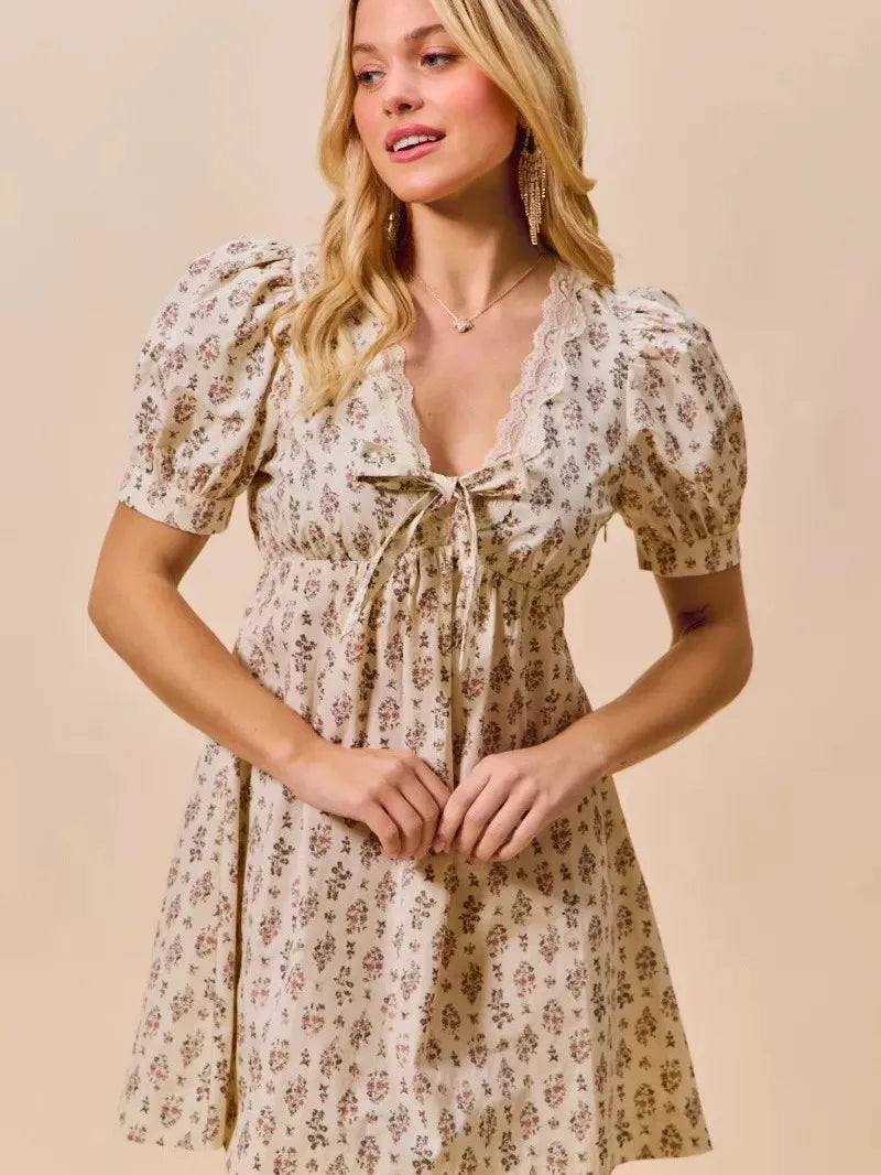 So Me Softly Ever After Floral Print Lace Mini Dress with Bow-Women's Dresses-Shop Z & Joxa