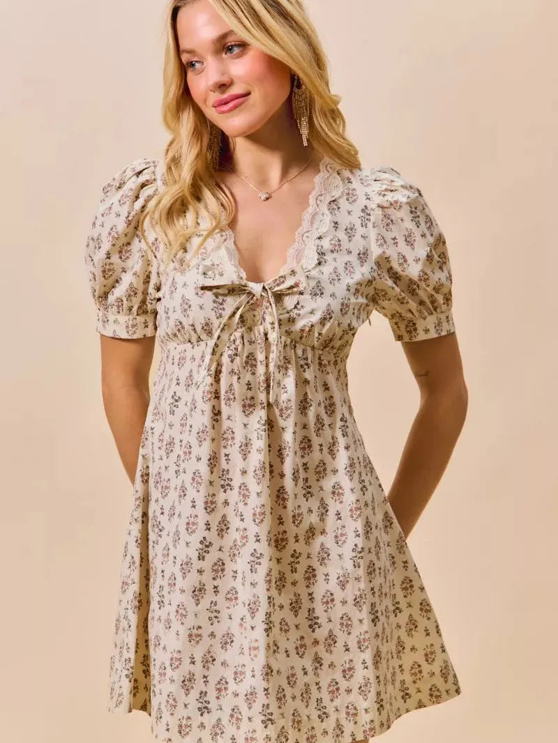 So Me Softly Ever After Floral Print Lace Mini Dress with Bow-Women's Dresses-Shop Z & Joxa