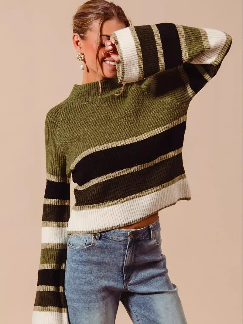 So Me Stripe Me Happy Striped Mock Neck Sweater-Women's Shirts & Tops-Shop Z & Joxa