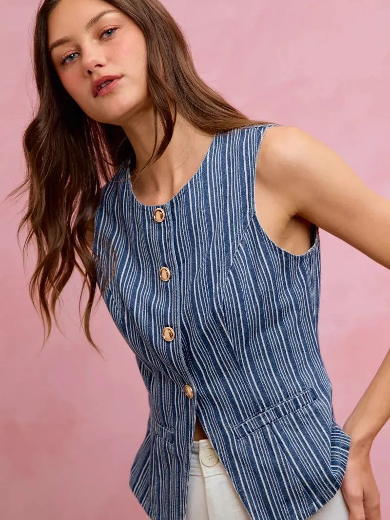 So Me Stripe & Style Slim Fit Button Front Denim Vest Top-vest-Shop Z & Joxa