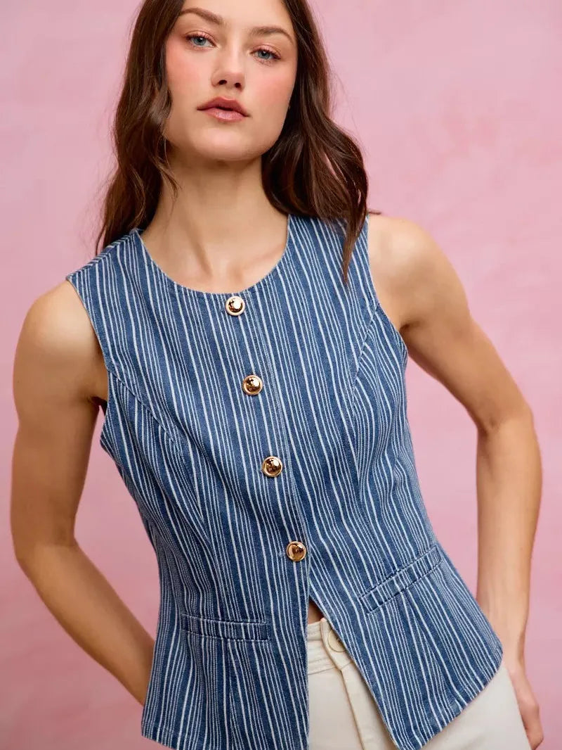 So Me Stripe & Style Slim Fit Button Front Denim Vest Top-vest-Shop Z & Joxa