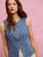 So Me Stripe & Style Slim Fit Button Front Denim Vest Top-vest-Shop Z & Joxa