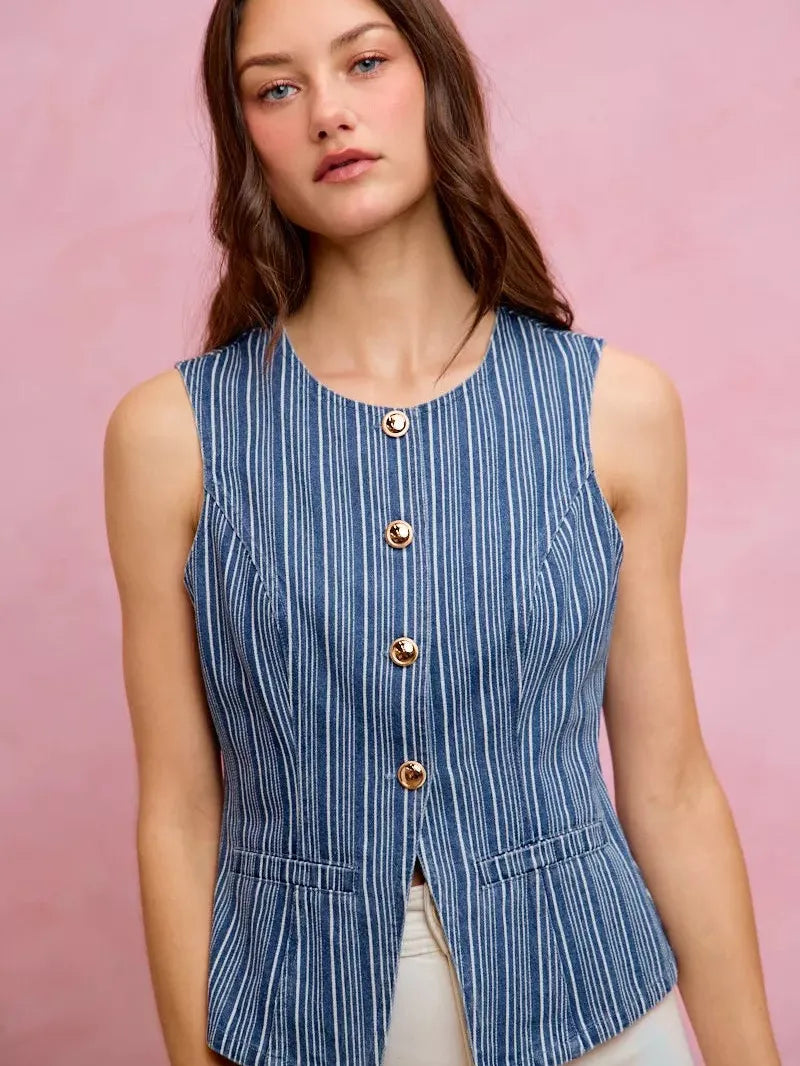 So Me Stripe & Style Slim Fit Button Front Denim Vest Top-vest-Shop Z & Joxa
