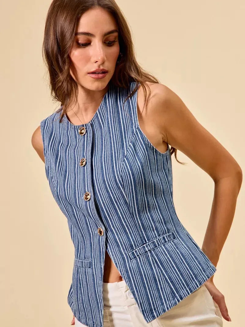 So Me Stripe & Style Slim Fit Button Front Denim Vest Top-vest-Shop Z & Joxa