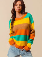 So Me Stripe and Shine Multi Color Stripe Sweater with Ribbed Detail-Women's Shirts & Tops-Shop Z & Joxa