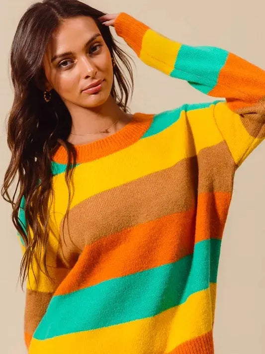 So Me Stripe and Shine Multi Color Stripe Sweater with Ribbed Detail-Women's Shirts & Tops-Shop Z & Joxa