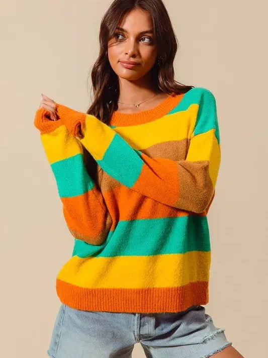 So Me Stripe and Shine Multi Color Stripe Sweater with Ribbed Detail-Women's Shirts & Tops-Shop Z & Joxa