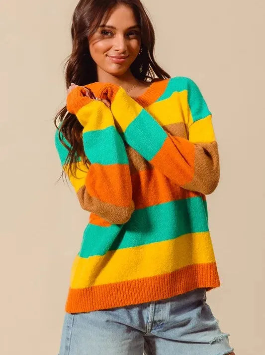 So Me Stripe and Shine Multi Color Stripe Sweater with Ribbed Detail-Women's Shirts & Tops-Shop Z & Joxa