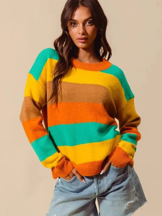 So Me Stripe and Shine Multi Color Stripe Sweater with Ribbed Detail-Women's Shirts & Tops-Shop Z & Joxa