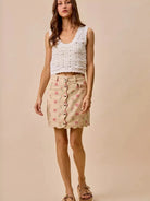 So Me Sweet Scallop Pink Floral Washed Denim Mini Skirt-Women's Skirts & Skorts-Shop Z & Joxa