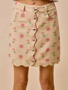 So Me Sweet Scallop Pink Floral Washed Denim Mini Skirt-Women's Skirts & Skorts-Shop Z & Joxa