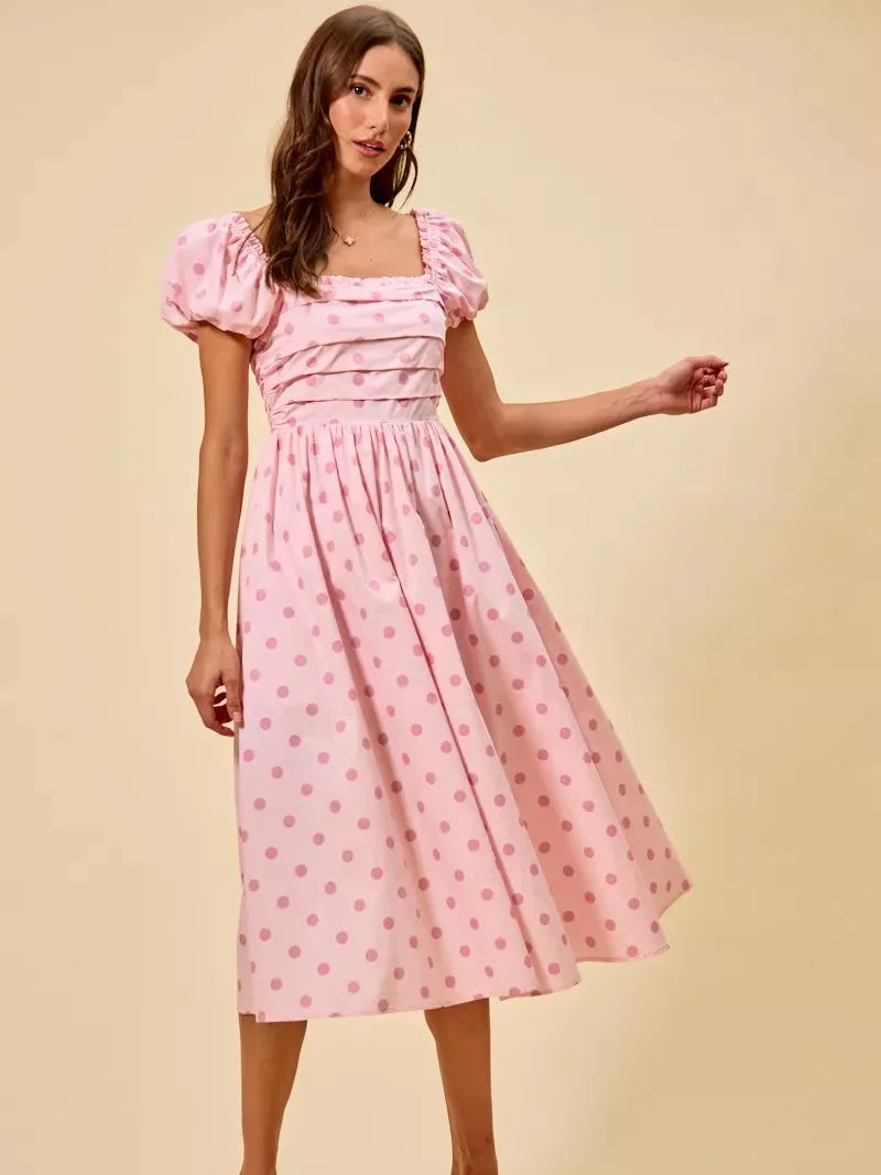 So Me Sweet Spot Polka Dot Print Short Sleeves Cotton Midi Dress-Women's Dresses-Shop Z & Joxa