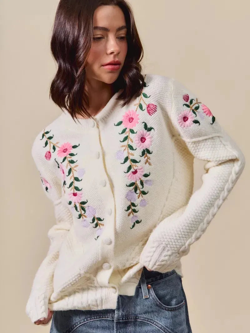 So Me Sweetly Stitched Floral Embroidered Sweater Cardigan-Women's Shirts & Tops-Shop Z & Joxa