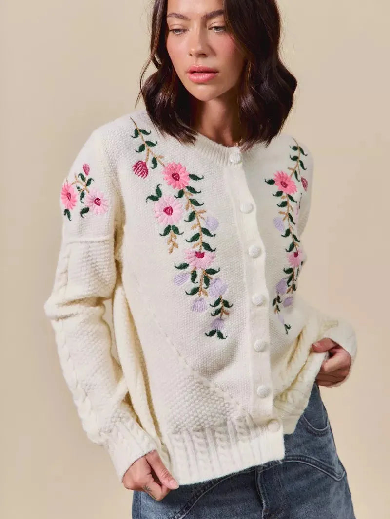 So Me Sweetly Stitched Floral Embroidered Sweater Cardigan-Women's Shirts & Tops-Shop Z & Joxa