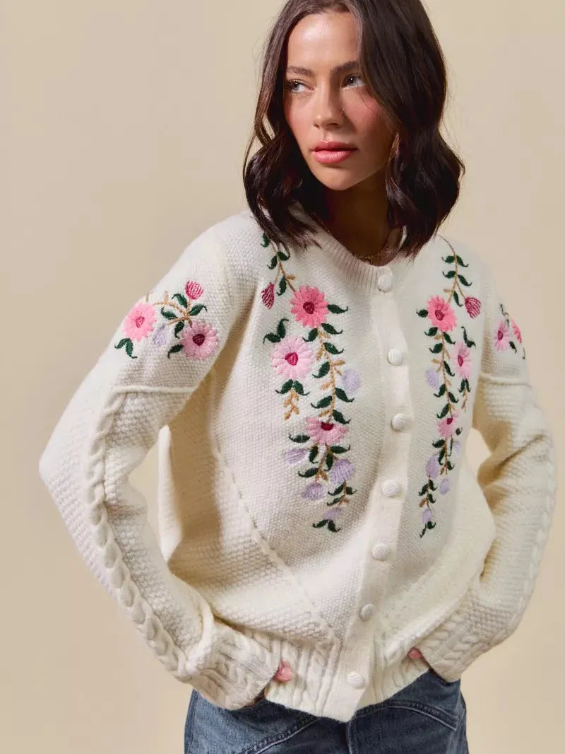 So Me Sweetly Stitched Floral Embroidered Sweater Cardigan-Women's Shirts & Tops-Shop Z & Joxa