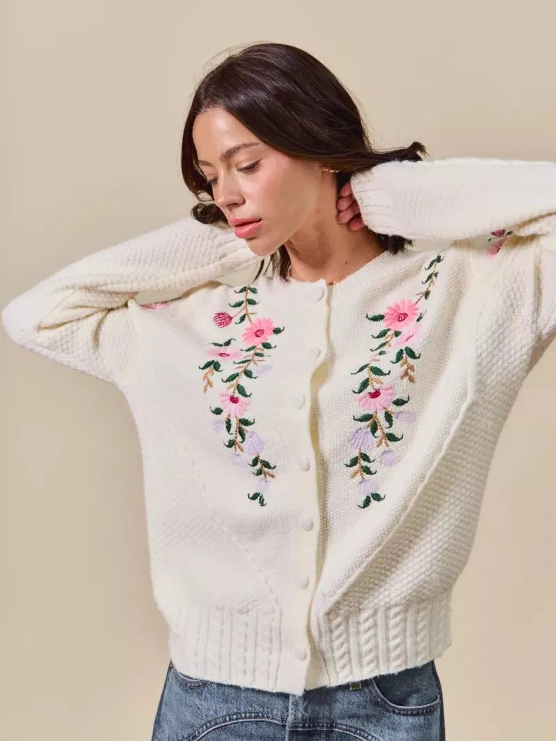 So Me Sweetly Stitched Floral Embroidered Sweater Cardigan-Women's Shirts & Tops-Shop Z & Joxa