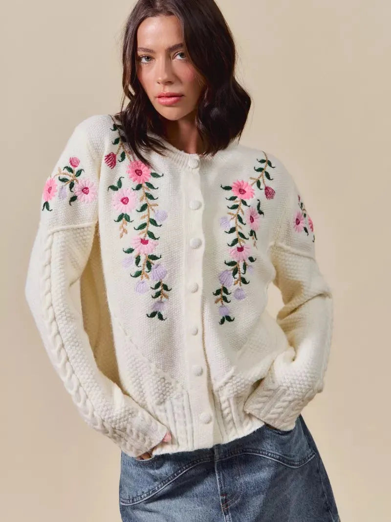 So Me Sweetly Stitched Floral Embroidered Sweater Cardigan-Women's Shirts & Tops-Shop Z & Joxa