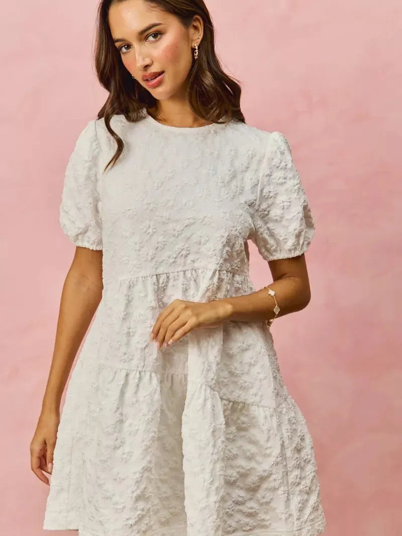 So Me Tiered Treasure Floral Jacquard Mini Dress-Women's Dresses-Shop Z & Joxa
