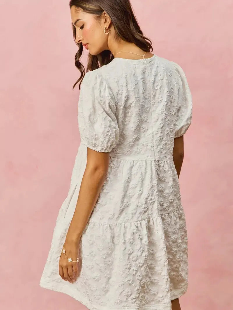 So Me Tiered Treasure Floral Jacquard Mini Dress-Women's Dresses-Shop Z & Joxa