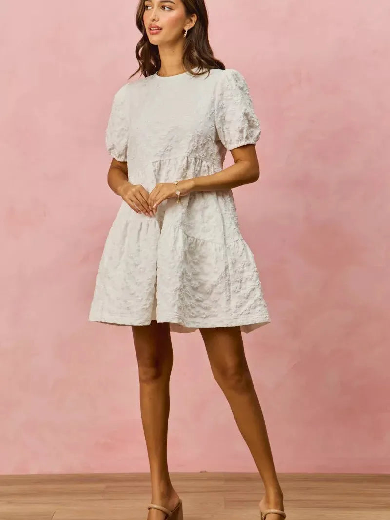 So Me Tiered Treasure Floral Jacquard Mini Dress-Women's Dresses-Shop Z & Joxa