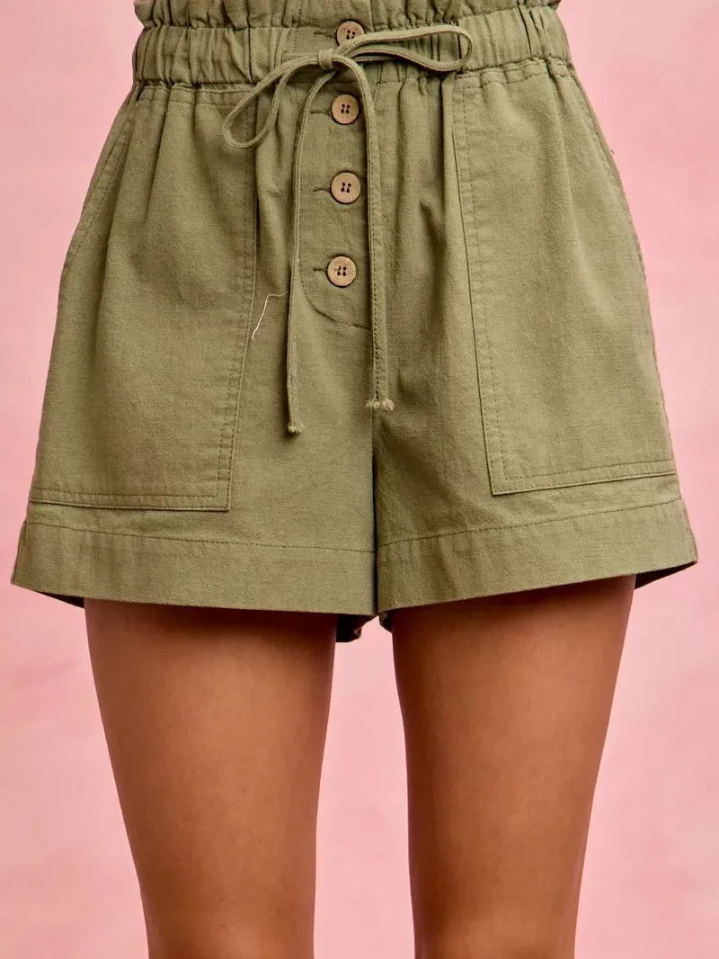 So Me Twill & Thrill Patch Pocket Drawstring Shorts-Women's Shorts-Shop Z & Joxa