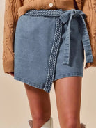 So Me Twist & Shout Wrap Braided Trimmed Wrap Denim Skort-Women's Skirts & Skorts-Shop Z & Joxa