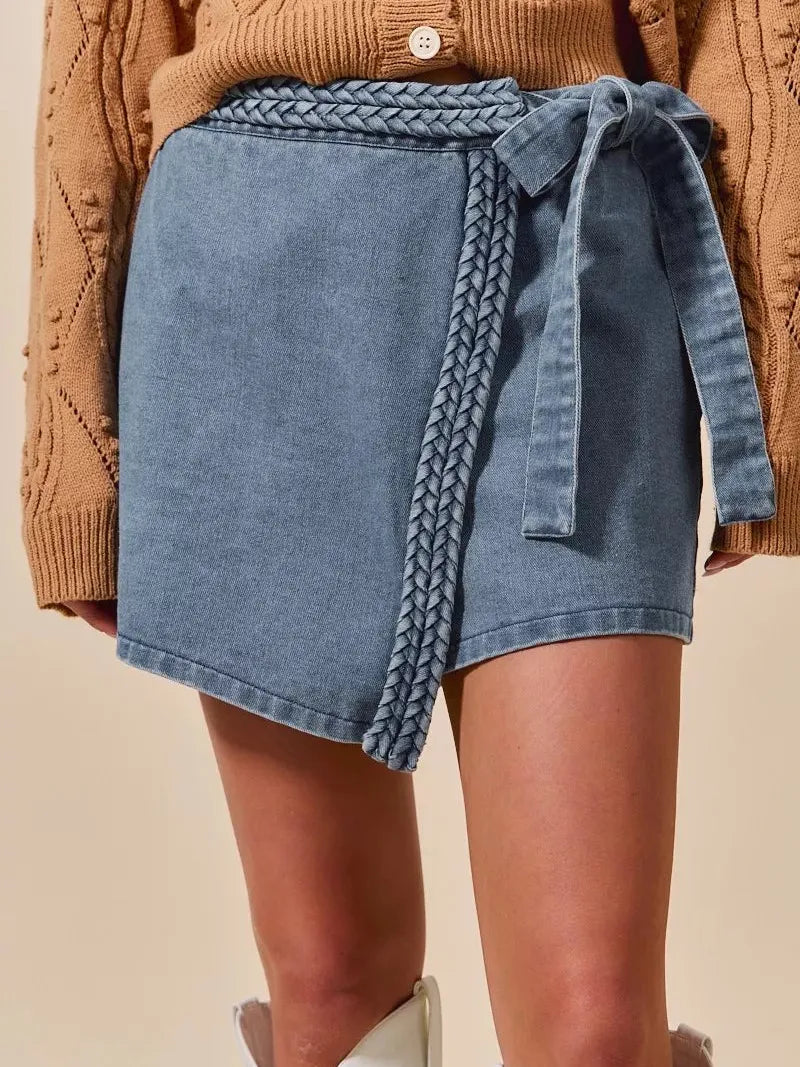 So Me Twist & Shout Wrap Braided Trimmed Wrap Denim Skort-Women's Skirts & Skorts-Shop Z & Joxa