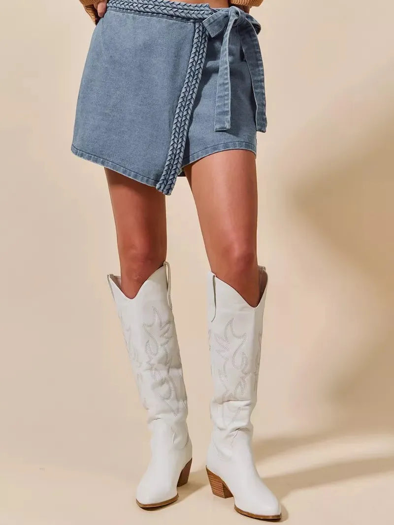 So Me Twist & Shout Wrap Braided Trimmed Wrap Denim Skort-Women's Skirts & Skorts-Shop Z & Joxa