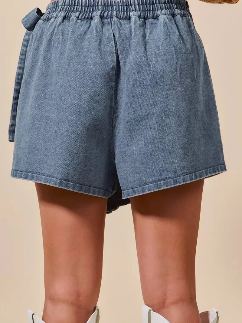 So Me Twist & Shout Wrap Braided Trimmed Wrap Denim Skort-Women's Skirts & Skorts-Shop Z & Joxa