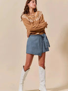 So Me Twist & Shout Wrap Braided Trimmed Wrap Denim Skort-Women's Skirts & Skorts-Shop Z & Joxa