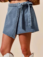 So Me Twist & Shout Wrap Braided Trimmed Wrap Denim Skort-Women's Skirts & Skorts-Shop Z & Joxa