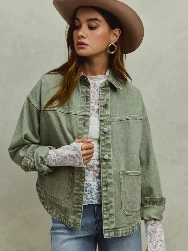 So Me Urban Trail Vintage Olive Washed Button Twill Shacket-Women's Outerwear-Shop Z & Joxa