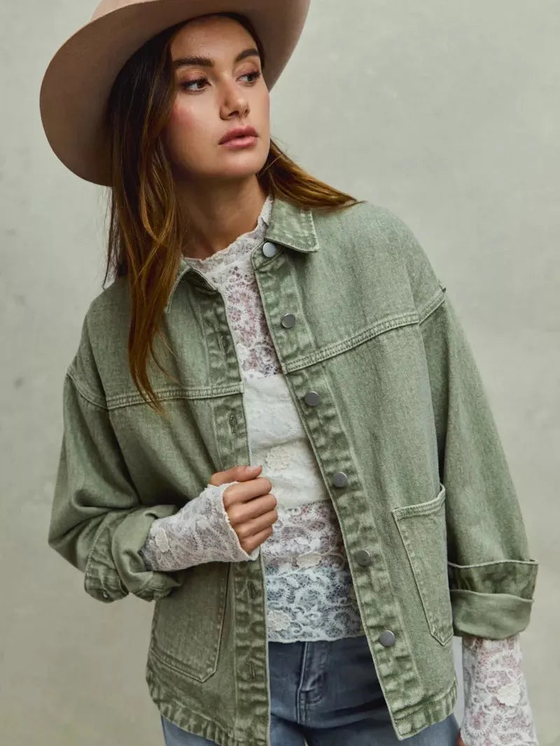 So Me Urban Trail Vintage Olive Washed Button Twill Shacket-Women's Outerwear-Shop Z & Joxa