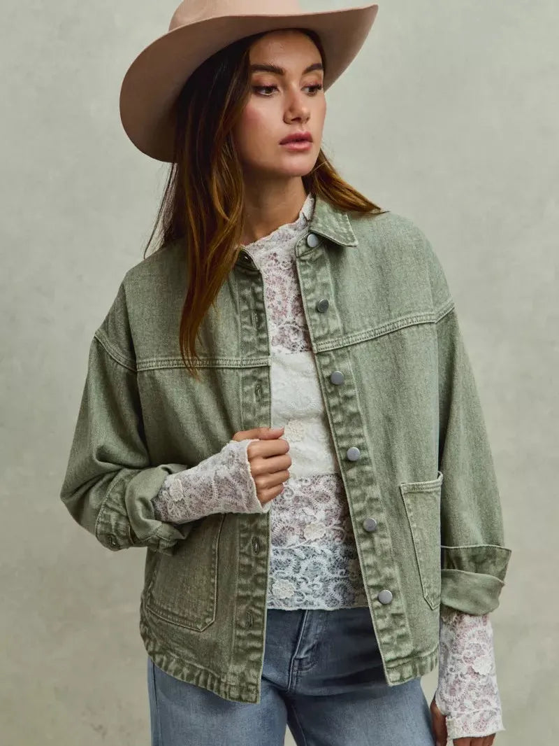 So Me Urban Trail Vintage Olive Washed Button Twill Shacket-Women's Outerwear-Shop Z & Joxa
