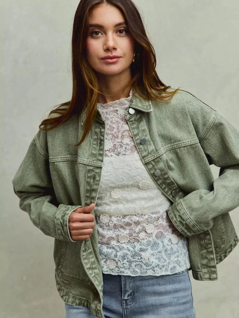 So Me Urban Trail Vintage Olive Washed Button Twill Shacket-Women's Outerwear-Shop Z & Joxa