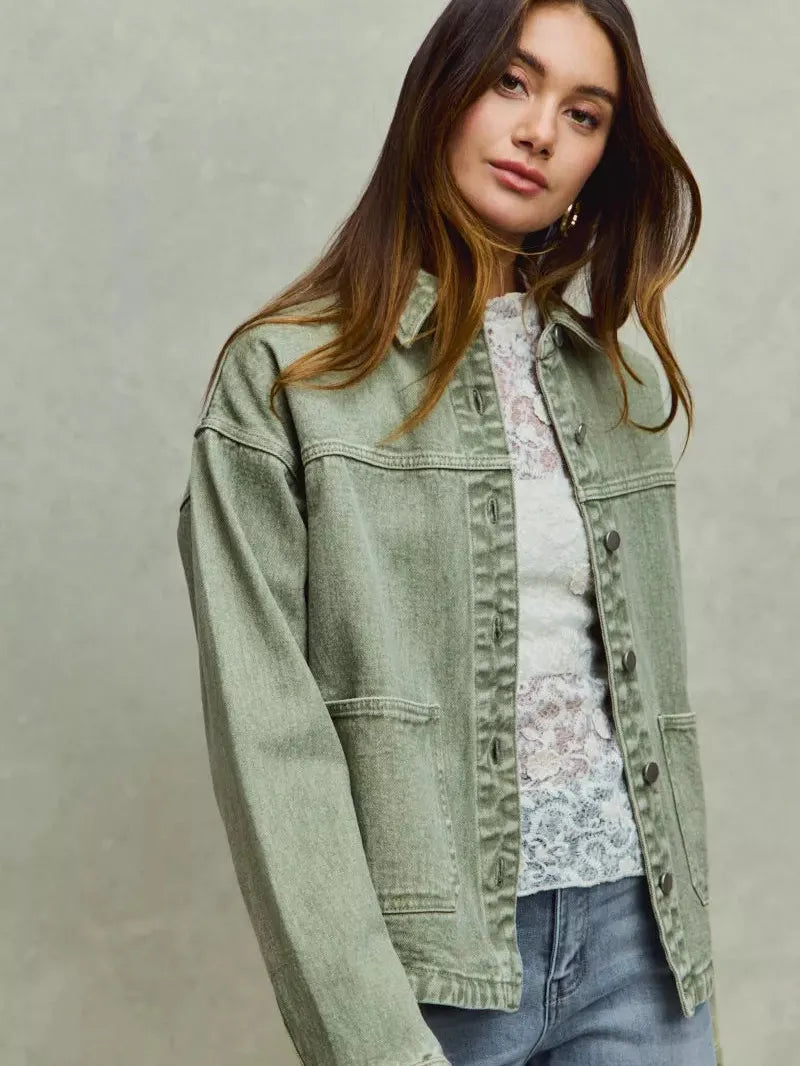 So Me Urban Trail Vintage Olive Washed Button Twill Shacket-Women's Outerwear-Shop Z & Joxa