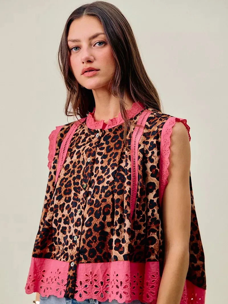 So Me Wild at Heart Leopard Print Button up Sleeveless Blouse-Women's Shirts & Tops-Shop Z & Joxa