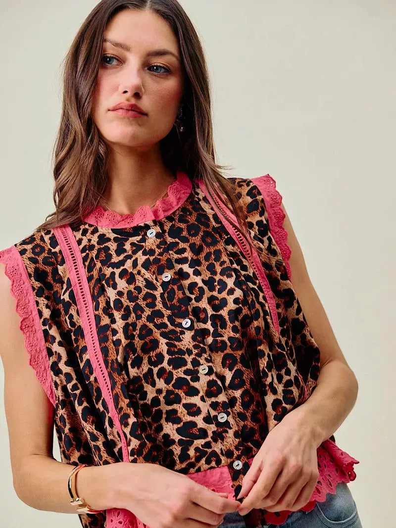 So Me Wild at Heart Leopard Print Button up Sleeveless Blouse-Women's Shirts & Tops-Shop Z & Joxa