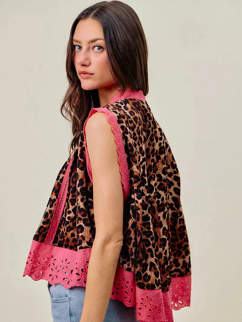 So Me Wild at Heart Leopard Print Button up Sleeveless Blouse-Women's Shirts & Tops-Shop Z & Joxa